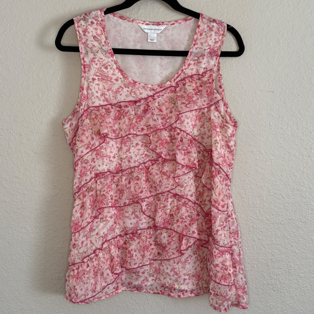 Coquette Dainty Pink Floral Ruffle Chiffon Tank Womens Large Romantic‎ Feminine
